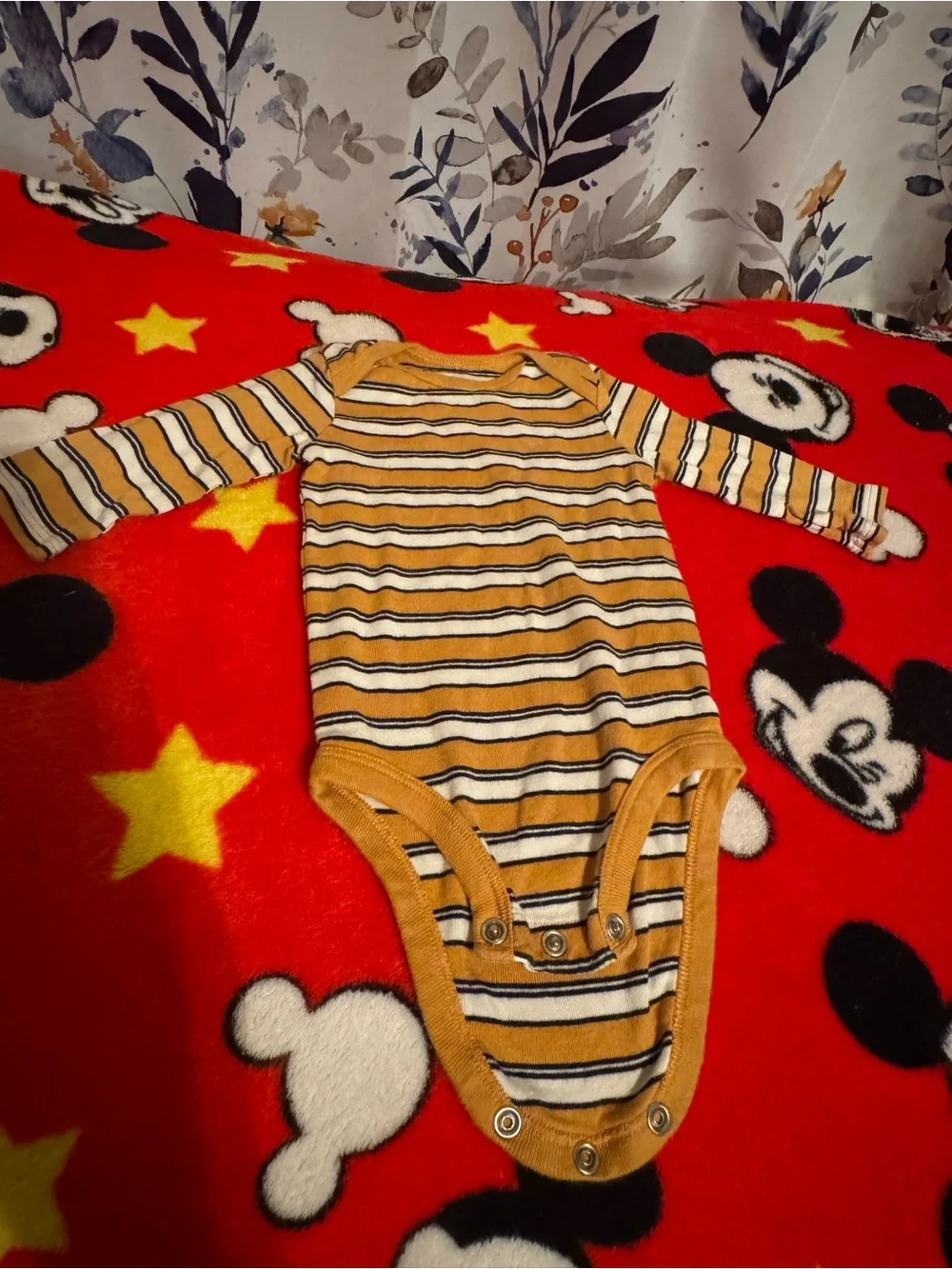 Striped Long-Sleeve Baby One-Piece in Mustard Size 3 Months C5